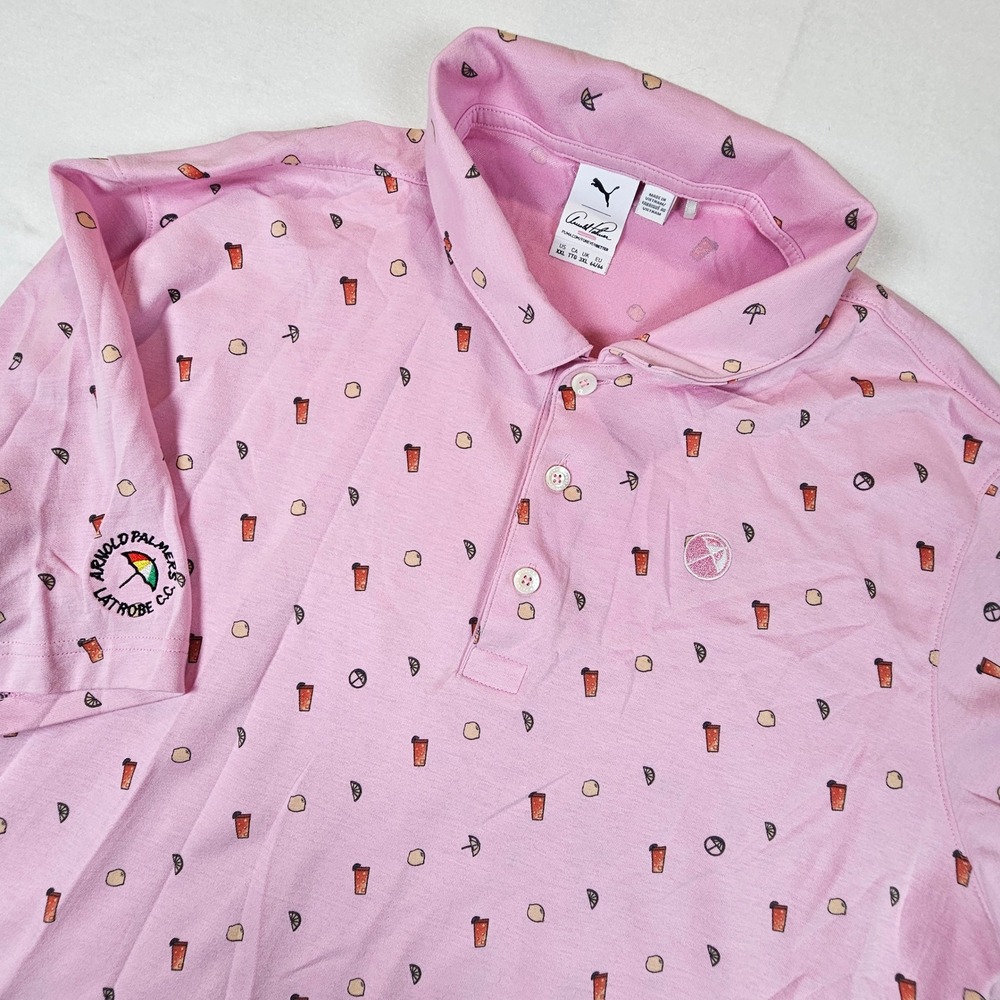 Puma Arnold Palmer Golf Polo‎ Shirt Mens XXL Pink Iced Tea Lemon Umbrella Print
